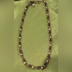 Gold Tone and Faux Pearl Floral Necklace